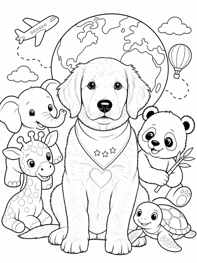 After personalization: the same fictional puppy in the Baby Animals Around the World coloring theme