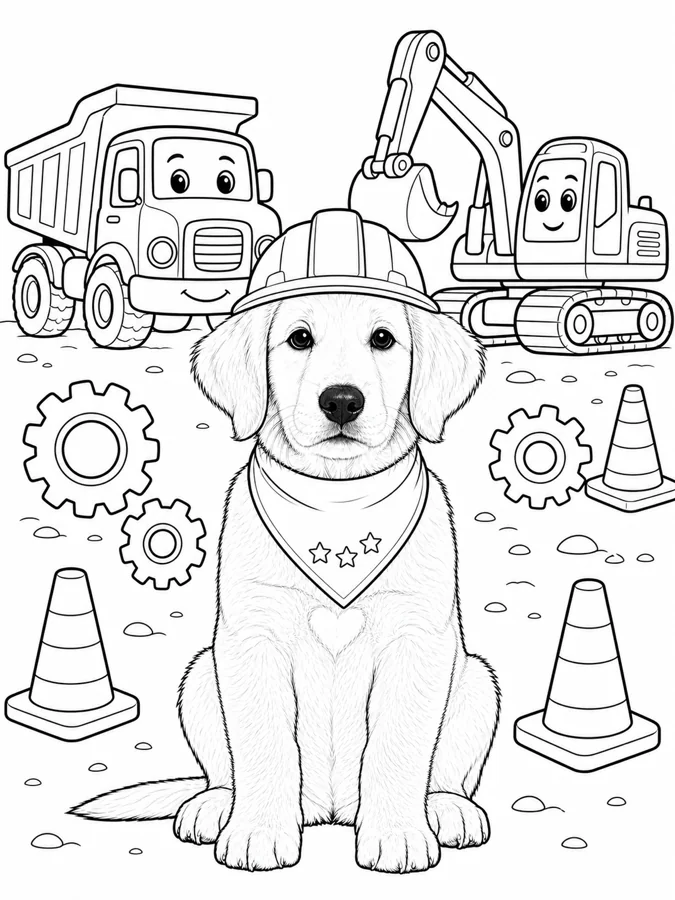 After personalization: the same fictional puppy in the Construction Trucks and Mighty Machines coloring theme