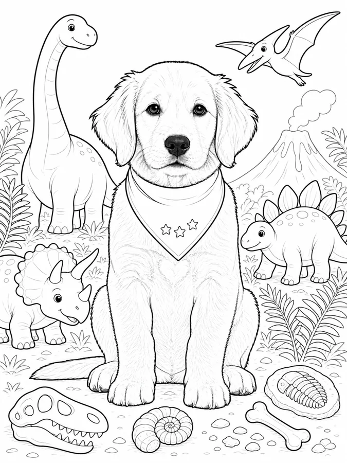 After personalization: the same fictional puppy in the Dinosaur Discovery Adventure coloring theme