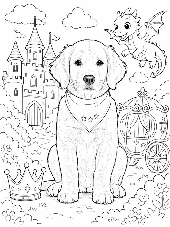 After personalization: the same fictional puppy in the Fairy Tale Kingdom coloring theme