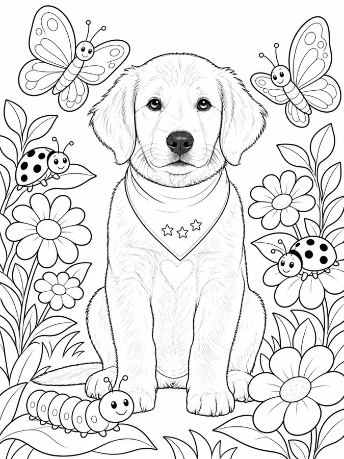 After personalization: the same fictional puppy in the Garden Bugs and Butterflies coloring theme