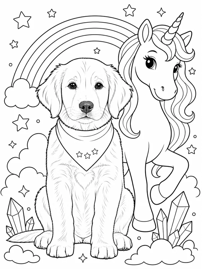 After personalization: the same fictional puppy in the Magical Unicorn Adventures coloring theme