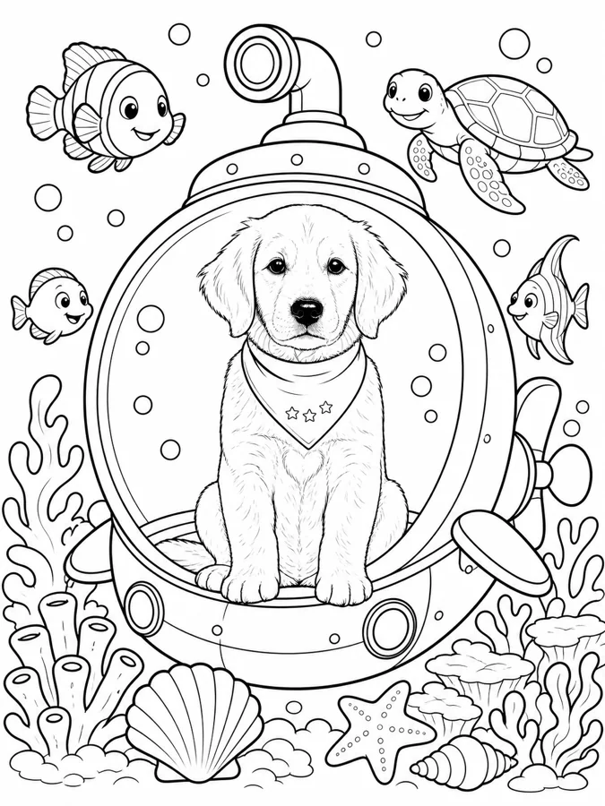 After personalization: the same fictional puppy in the Ocean Friends and Coral Reefs coloring theme