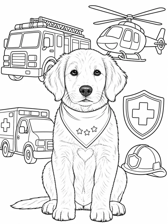 After personalization: the same fictional puppy in the Rescue Heroes coloring theme