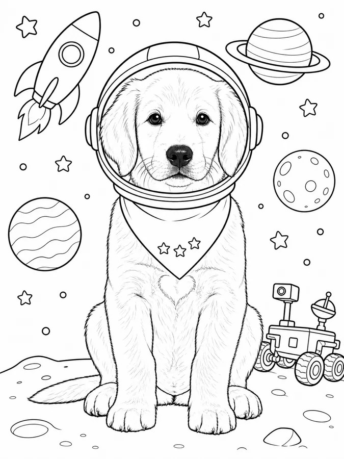 After personalization: the same fictional puppy in the Space Explorers coloring theme