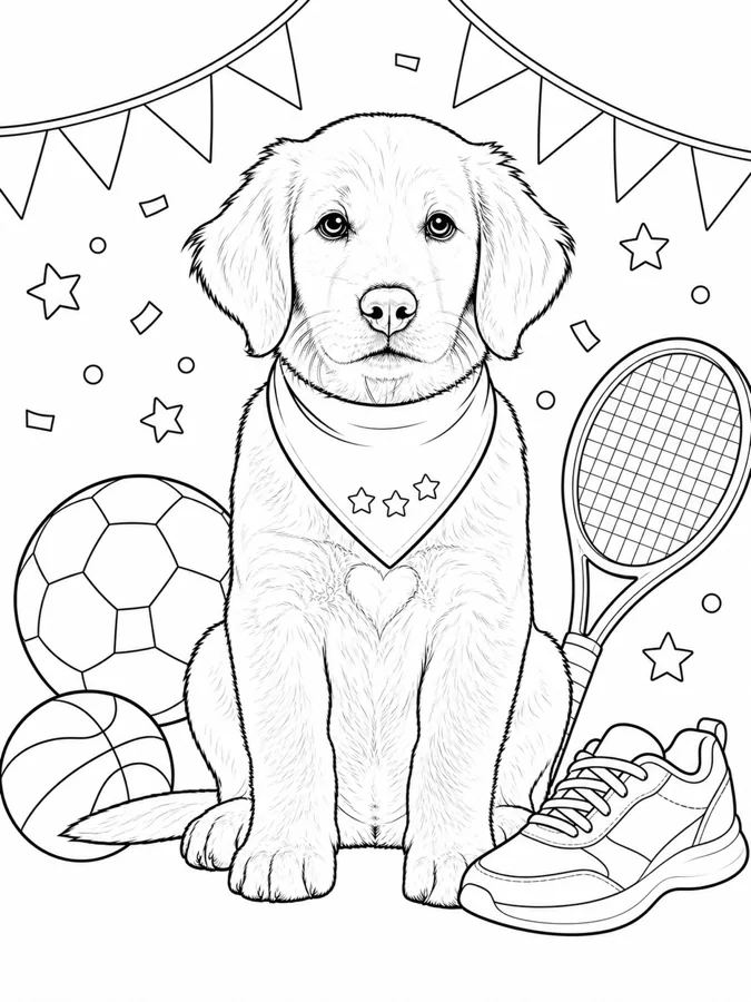 After personalization: the same fictional puppy in the Sports Superstars coloring theme