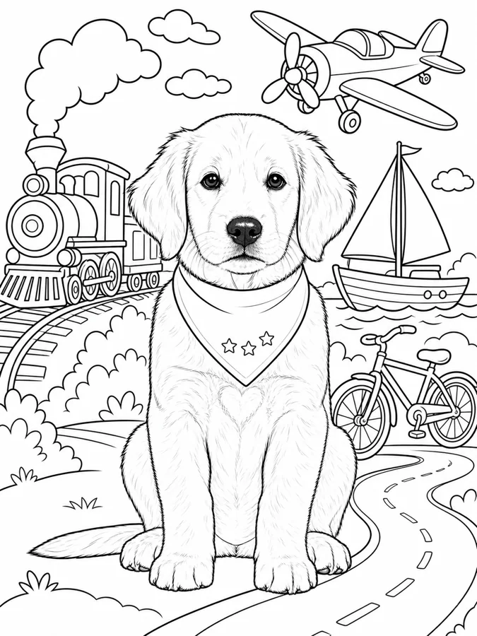 After personalization: the same fictional puppy in the Trains, Planes, and Things That Go coloring theme