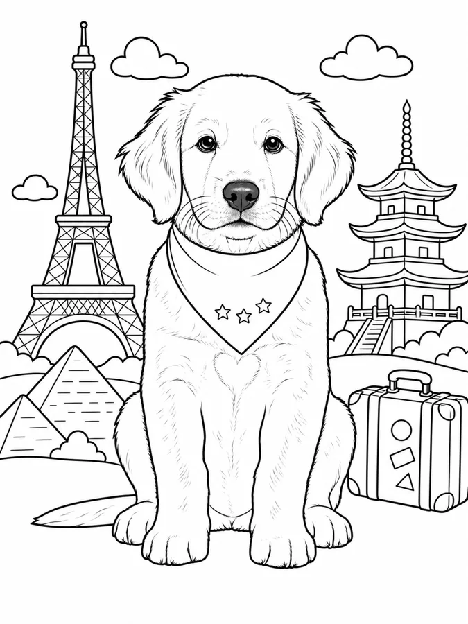 After personalization: the same fictional puppy in the Travel the World: Iconic Landmarks coloring theme