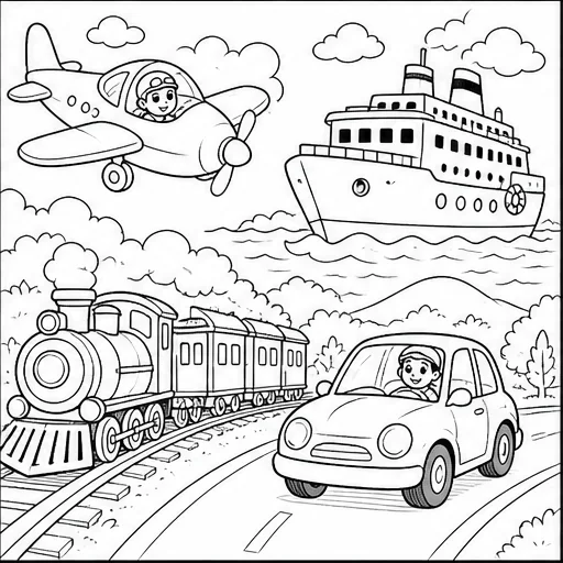 Trains, Planes, and Things That Go coloring book interior sample